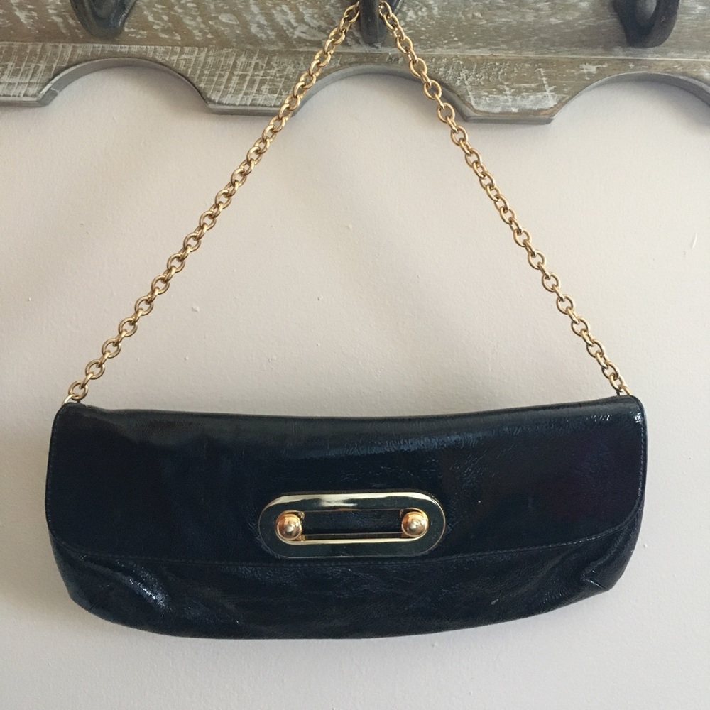 HOBO Black Patent Leather Clutch with Gold Chain Shoulder Bag